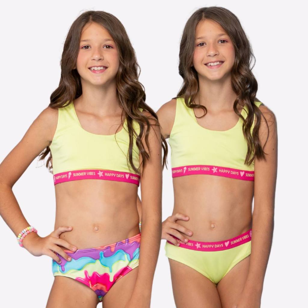 Kit 3 Peças Biquíni Liso + Calcinha Estampada Menina Proteção Solar Uv Infantil