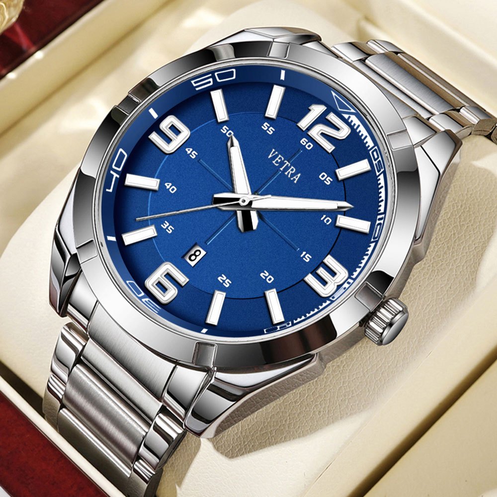 VETRA Relógio Masculino Original Relogio Luxo a Prova d Água Presente para Homem Aço Inoxidável Azul Preto Dourado B390