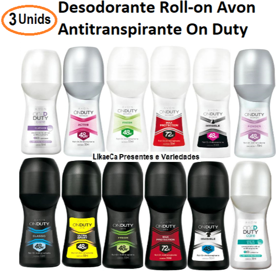 Desodorante On Duty Care Roll-On 50 ml Avon, Todas as fragrâncias, Variação com 3 unidades de cada. feminino e masculino em Oferta na Shopee
