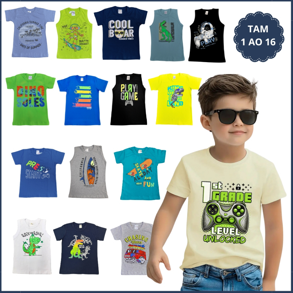 Kit 5 Camisetas Manga Curta Infantil Verão Menino Masculino Blusa e Regata Algodão 1 ao 16