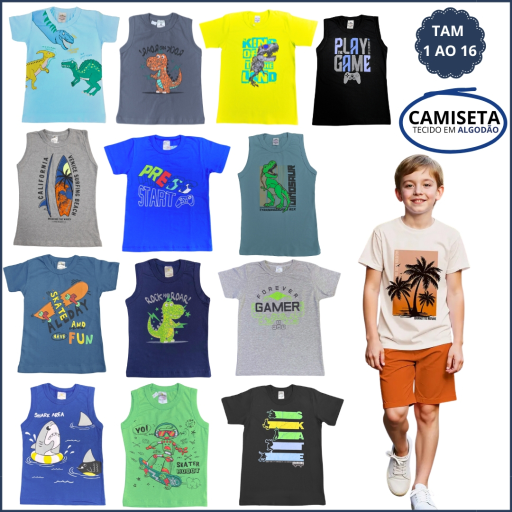Kit 3 Camiseta infantil Verão Masculino Blusa Manga Curta Menino Algodão Camiseta sem Manga 1 ao 16