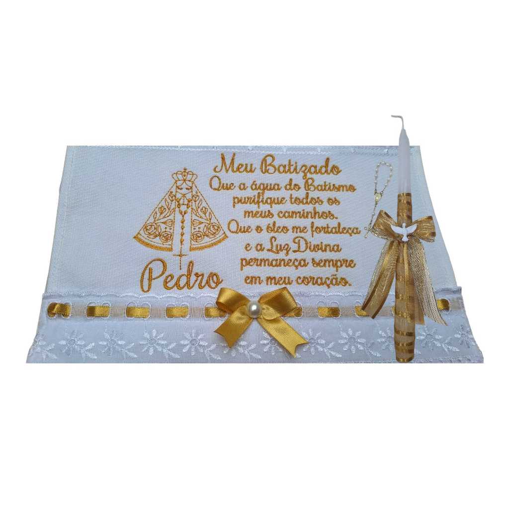 Kit Toalha Batizado Lavabo Personalizada Bordado Luxo Renda com Vela Decorada e Mini Terço Oração Nossa Senhora DOURADOS