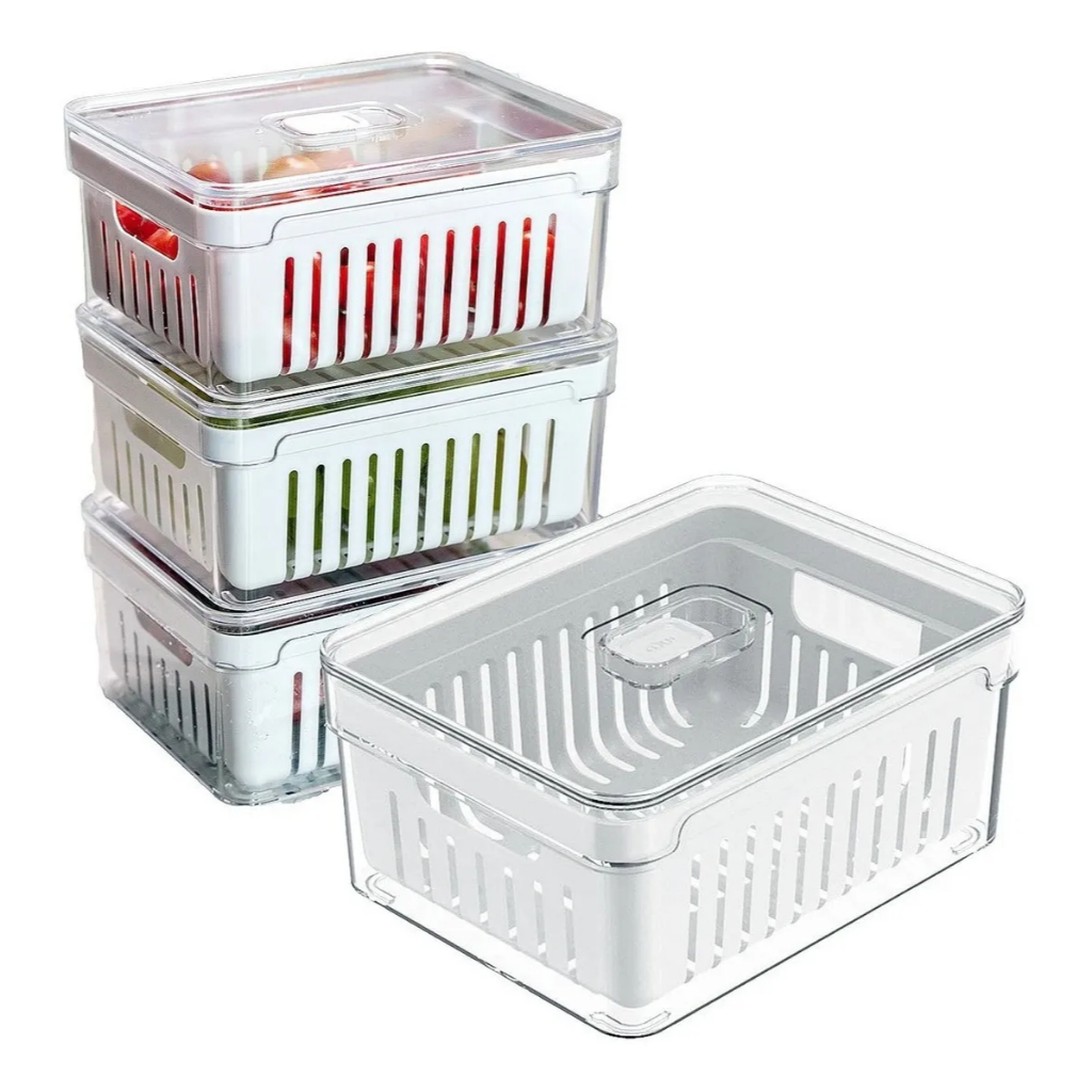 Kit Pote Organizador de Geladeira Com Escorredor Cesto Tampa Multiuso Alimentos Verdura Vegetais OU