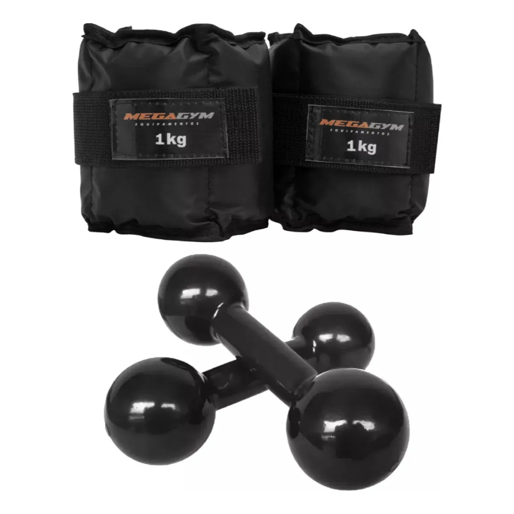 Kit Treino Fisioterapia Academia | 2 Caneleiras 1kg + 2 Halteres Emborrachados 1kg | Peso Musculação