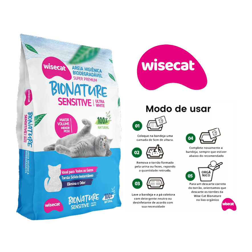 Areia Biodegradável para Gatos Bionature Sensitive Wisecat 2 KG Grãos Finos-Granulado para gatos em Oferta na Shopee