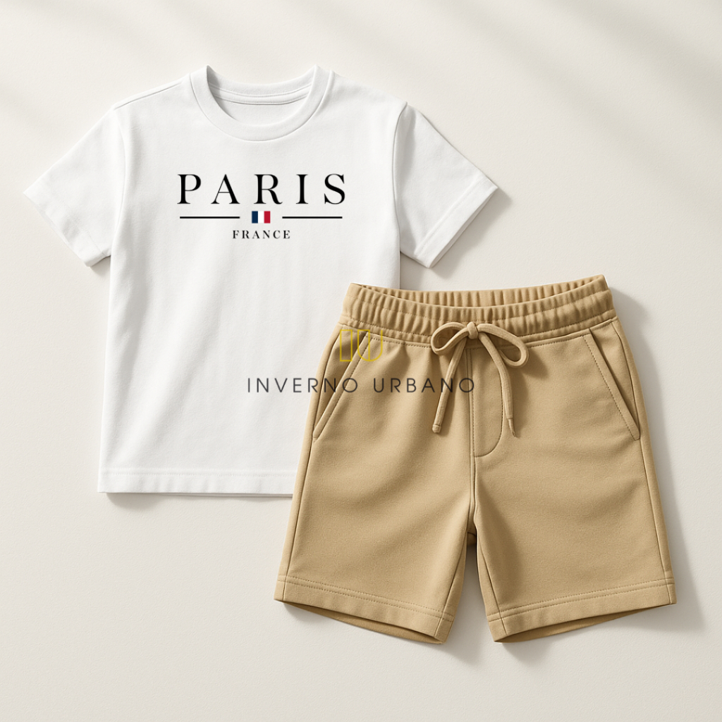 Conjunto Short Bege Com Bolso + Camiseta "Paris" Algodão Infantil Kids Juvenil