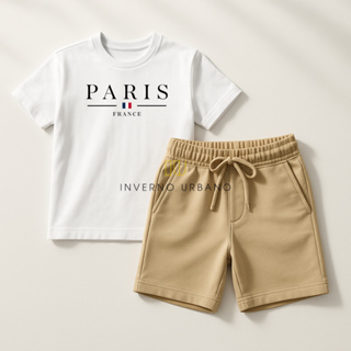 Conjunto Short Bege Com Bolso + Camiseta "Paris" Algodão Infantil Kids Juvenil em Oferta na Shopee