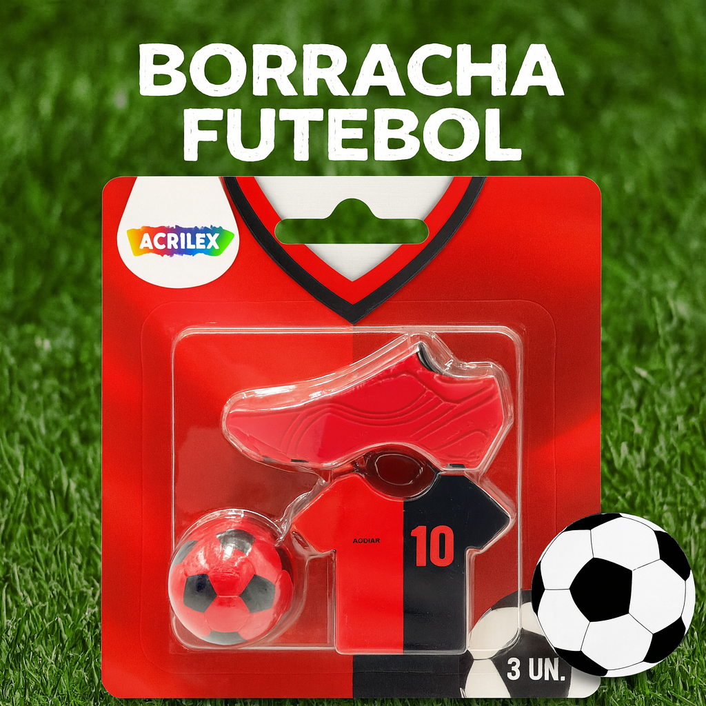 Borracha Futebol C/ 3 Unidades ACRILEX Bola Chuteira Camiseta Camisa Escolar Divertido Kit Cartela Blister