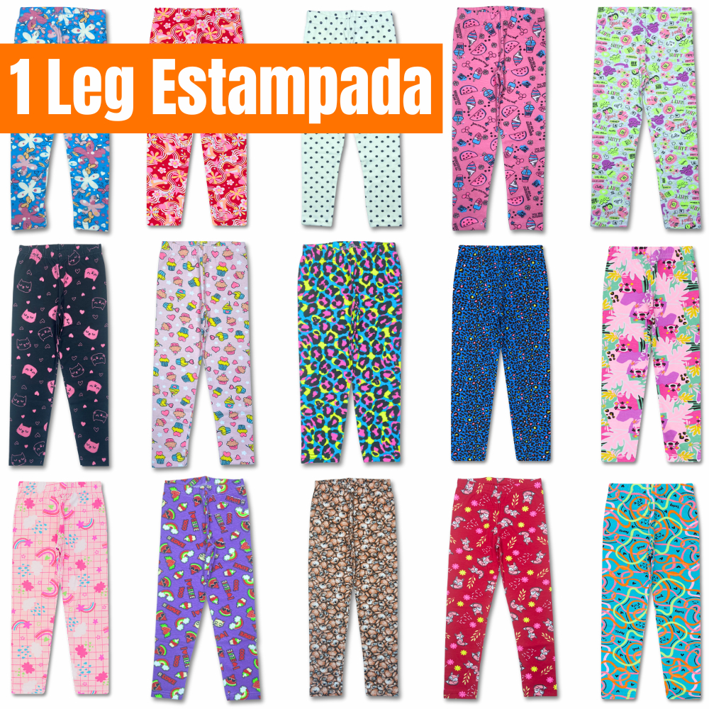 1 Calça Legging Infantil Feminina Estampada Sortida, Leg Cotton Algodão Menina, Tamanhos do 1 ao 12.