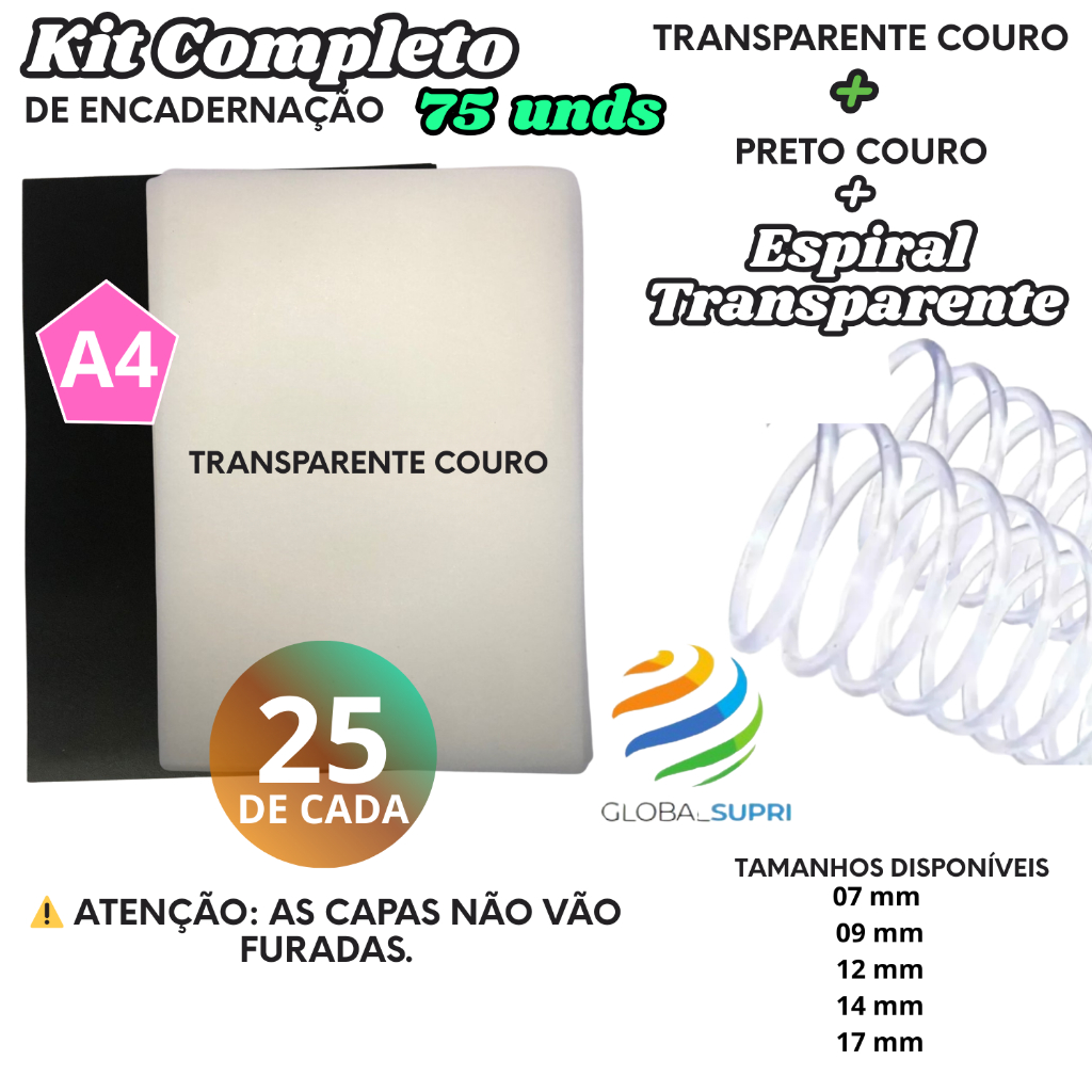 Kit p/ Encadernação 75 un | 25 Capas A4 TRANSPARENTE COURO + 25 A4 PRETO COURO + 25 Espirais - TRANSPARENTE em Oferta na Shopee