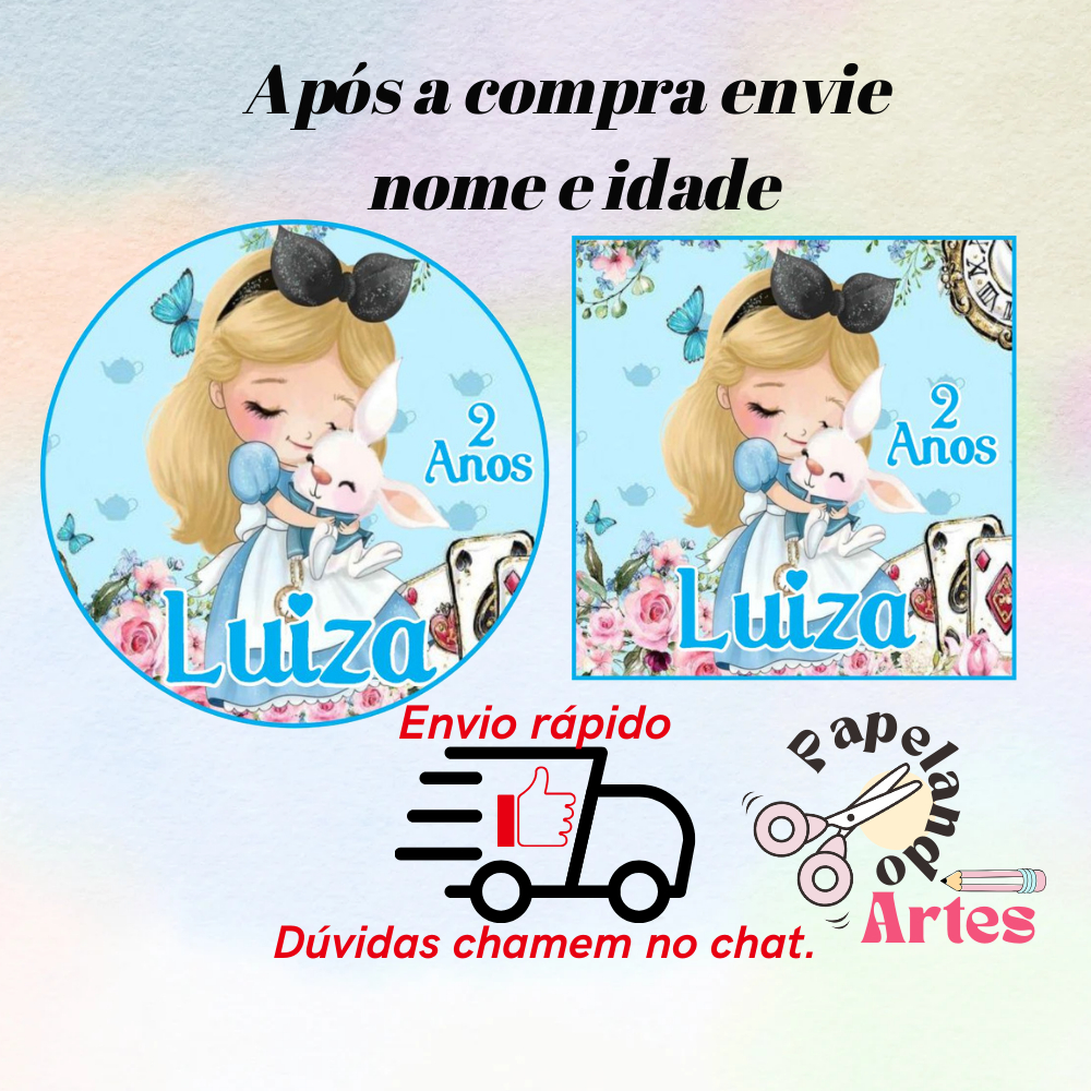 40/60/100 Adesivos Alice Baby País Maravilhas Personalizados Para Festa 5x5 S/Recorte (Envio rápido)