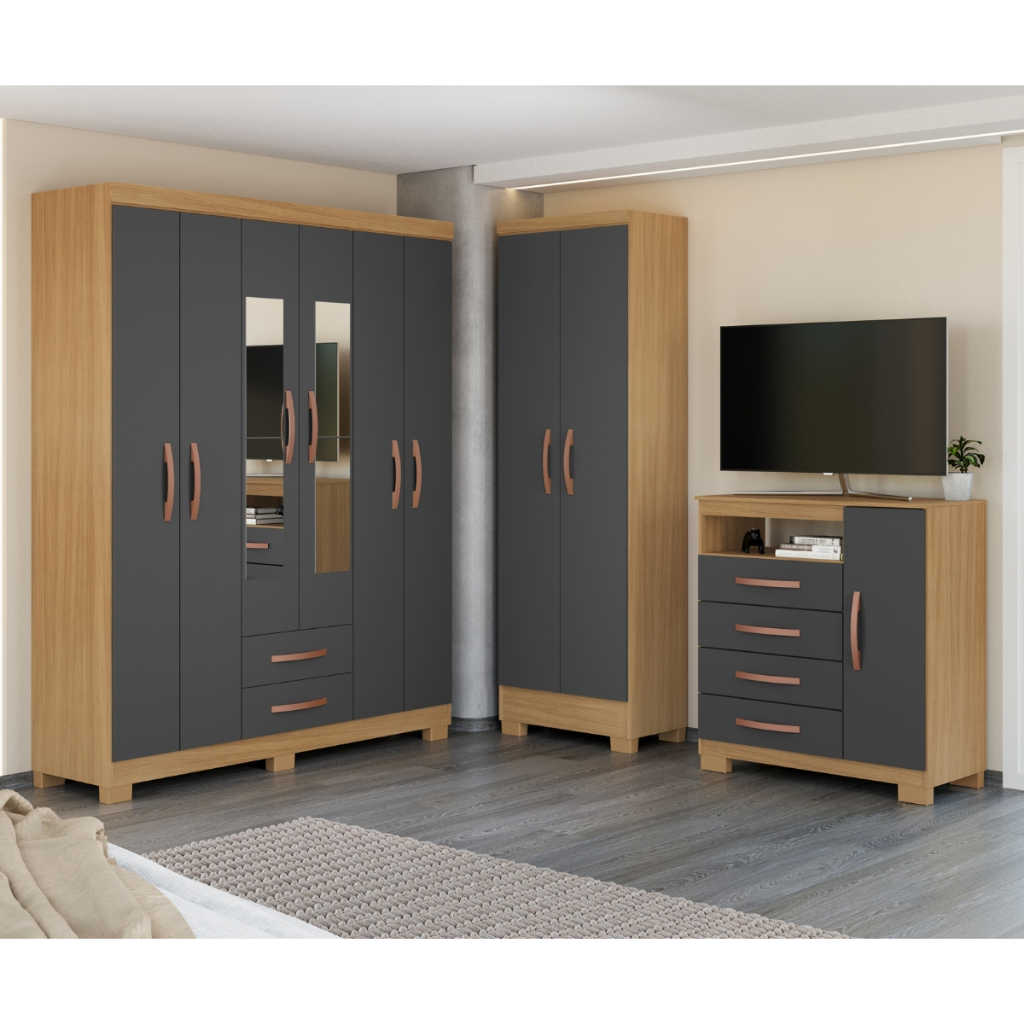 Kit Guarda Roupa Porto Belo 6 Portas 2 Gavetas c/ Espelho, Cômoda 1 Porta 4 Gavetas e Multiuso 2 Portas Carvalho Grafite