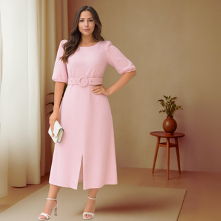 Vestido Midi Com Manga E Fenda Colors Candy Moda Evangélica Acompanha Cinto em Oferta na Shopee