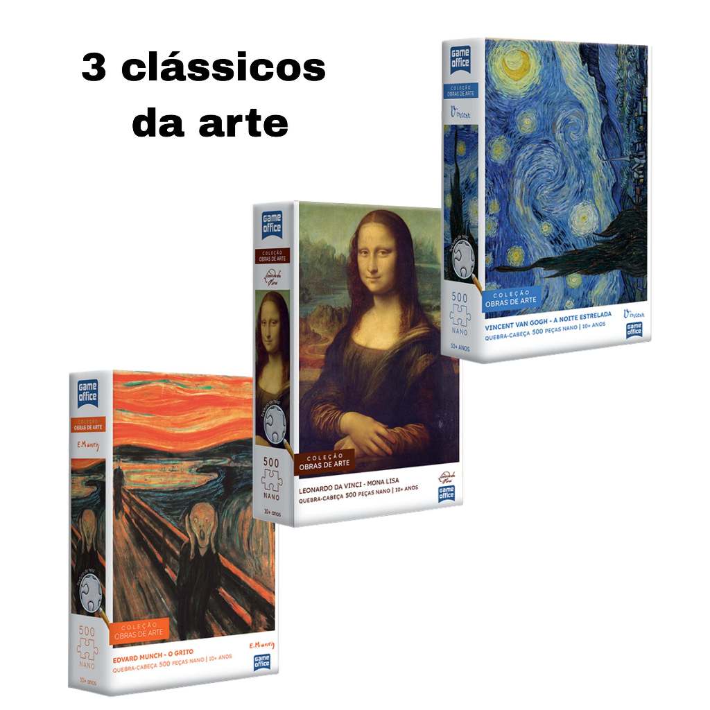 Quebra cabeça - kit 3 obras de arte de 500 peças nano cd Van Gogh  A noite Da Vinti MonaLisa e Edvar Munch O Grito