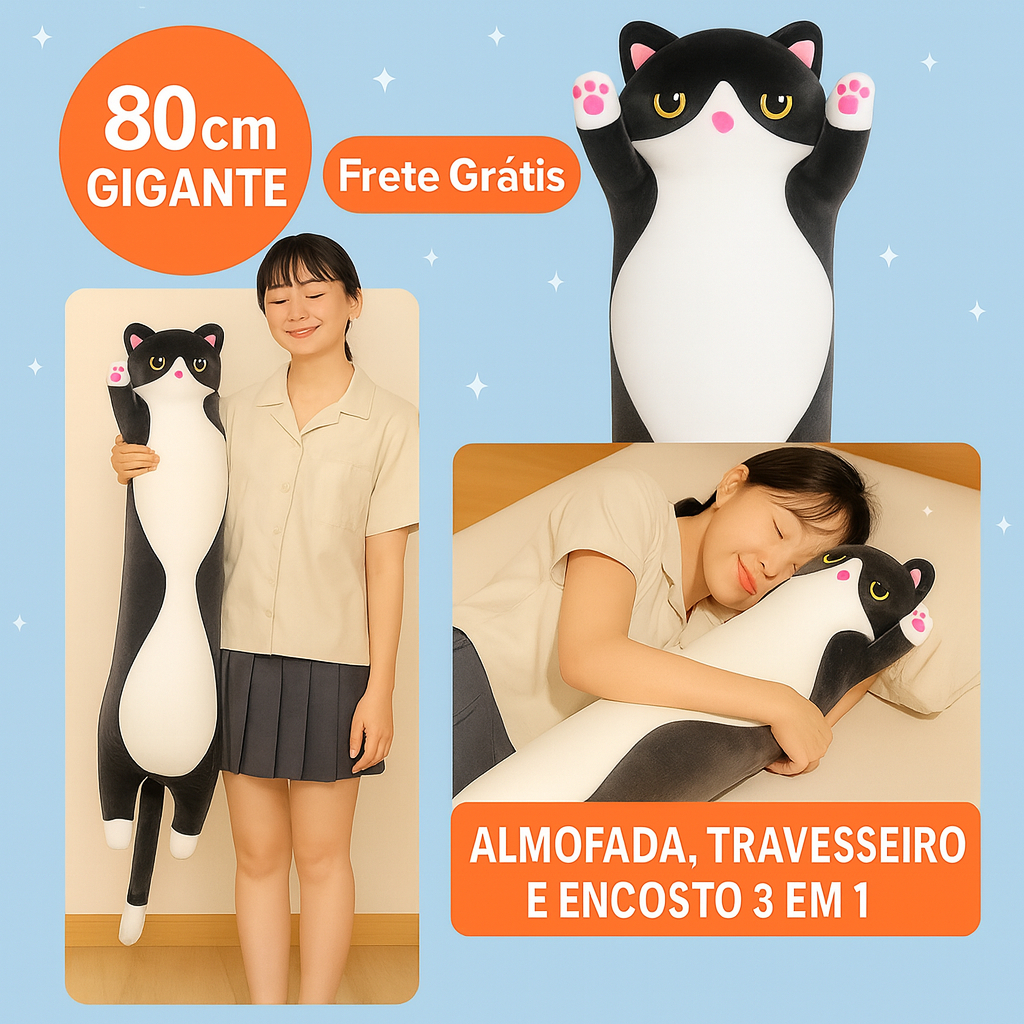 Gato de Pelúcia Grande 80cm Travesseiro Almofada Corpo Encosto Confortável Infantil