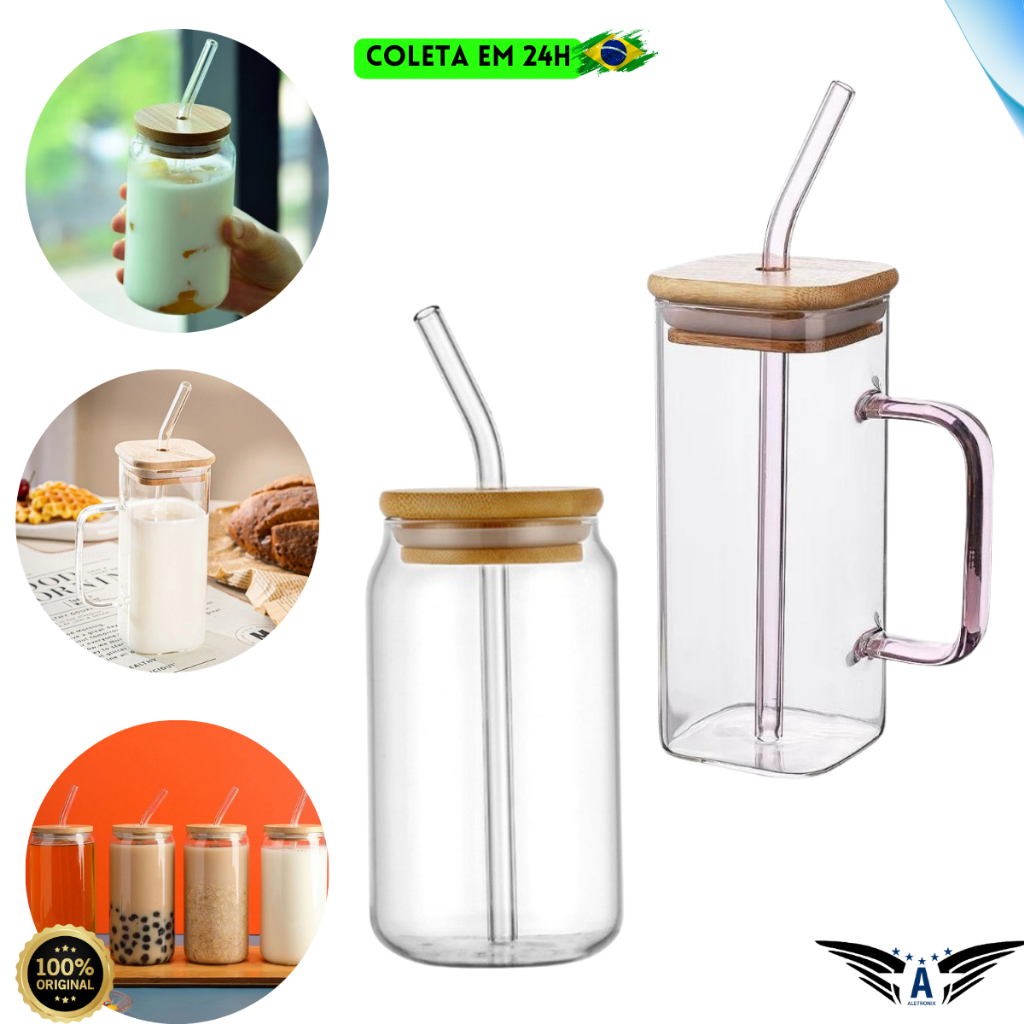 Kit 2 Copos Canecas de Vidro com Tampa de Bambu e Canudo de Vidro 600ML E 300ML Drinks Caipirinha em Oferta na Shopee