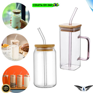 Kit 2 Copos Canecas de Vidro com Tampa de Bambu e Canudo de Vidro 600ML E 300ML Drinks Caipirinha em Oferta na Shopee