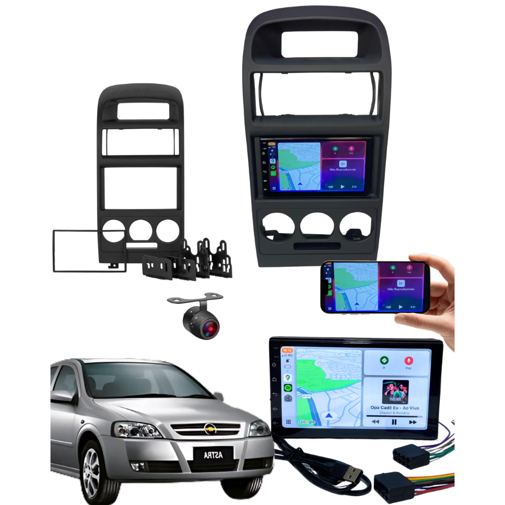 Central Multimídia Astra Ar Analógico CarPlay Sem Fio com Câmera de Ré 2DIN 7 Polegadas