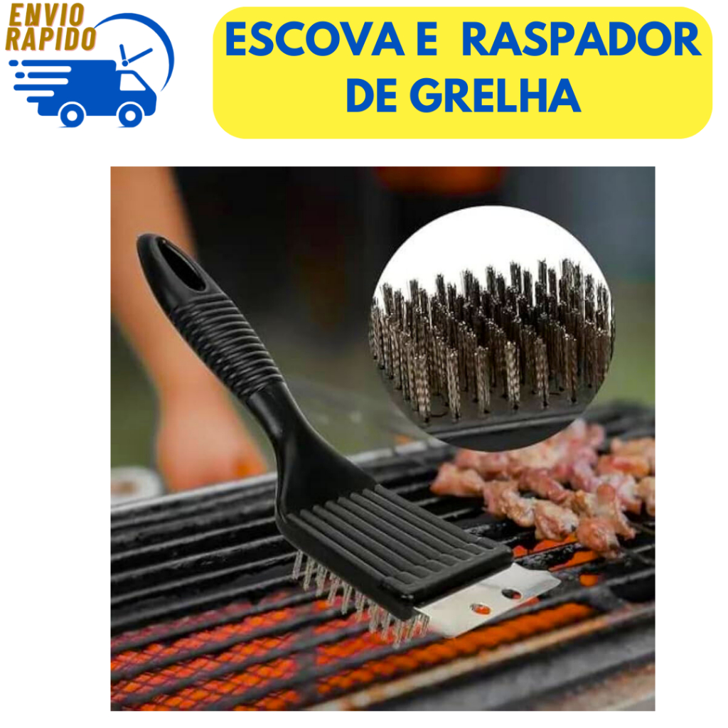 Kit 3 Escova para Grelha Cerdas de Aço Premium com Raspador Limpa Grelha Churrasqueira Multiuso