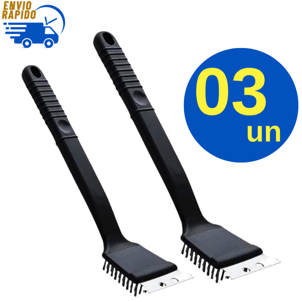 Kit 3 Escova para Grelha Cerdas de Aço Premium com Raspador Limpa Grelha Churrasqueira Multiuso