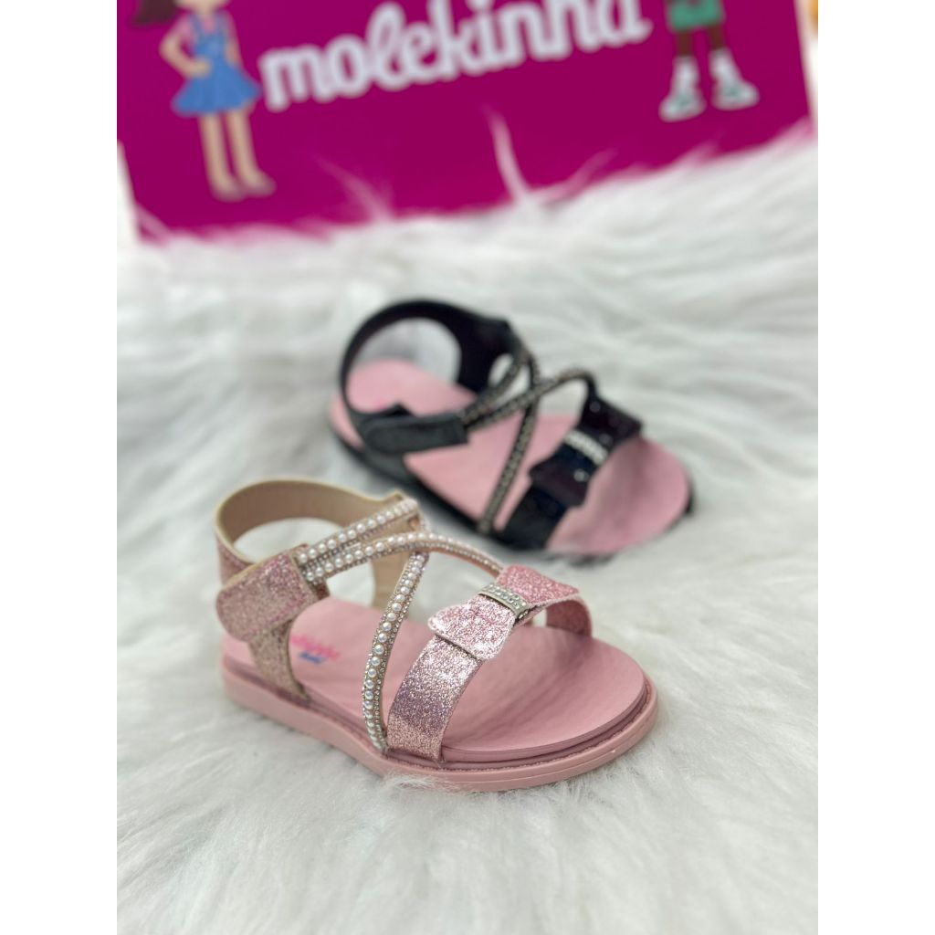 Sandália Infantil Menina Molekinha Baby Fechamento Velcro Com Tiras de Pérola ORIGINAL
