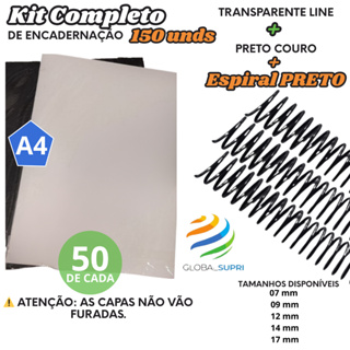 Kit p/ Encadernação 150 un | 50 Capas A4 TRANSPARENTE LINE + 50 A4 PRETO COURO + 50 Espirais PRETO em Oferta na Shopee
