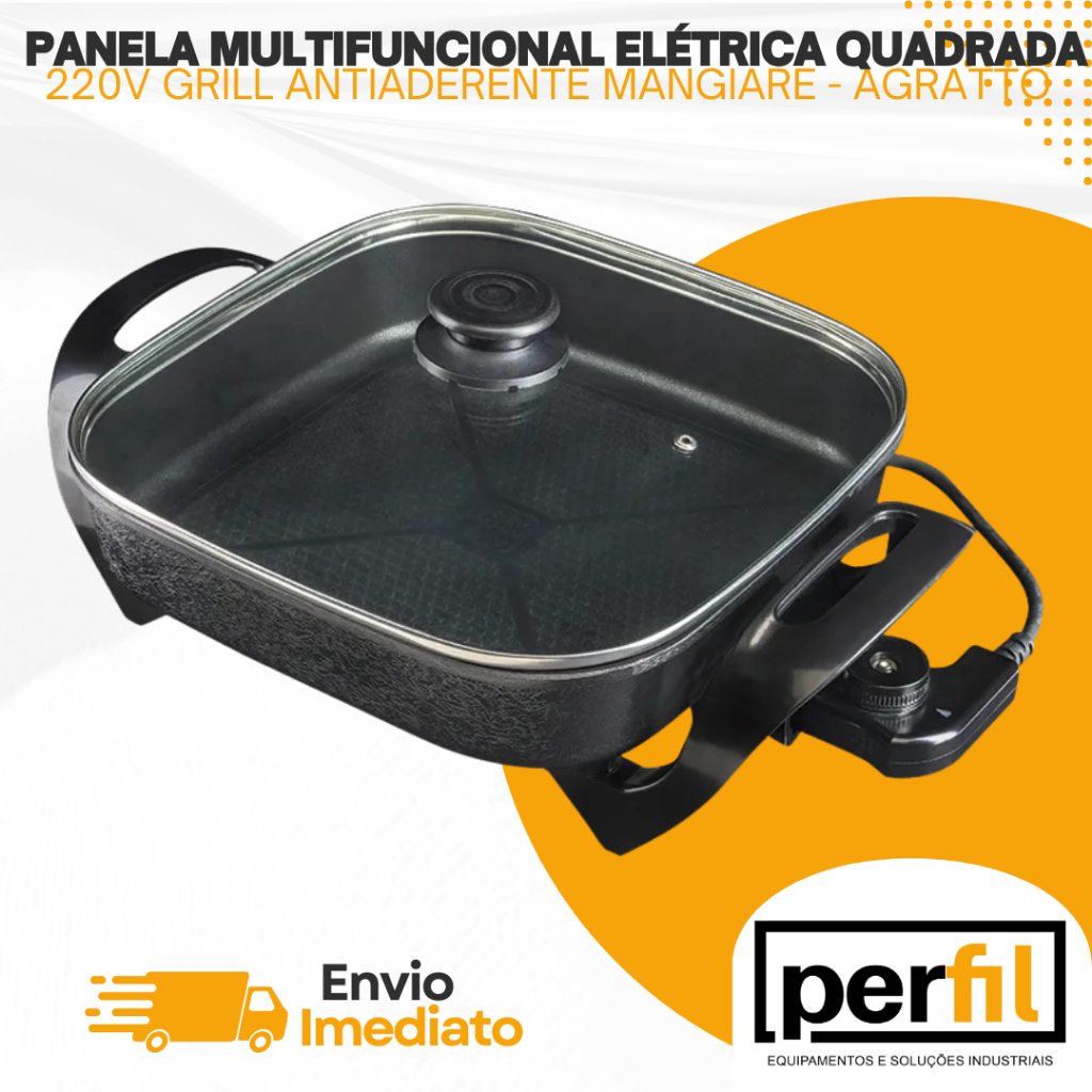 Panela Multifuncional Elétrica Quadrada 30cm Grill Antiaderente Portátil Mangiare Agratto 220V