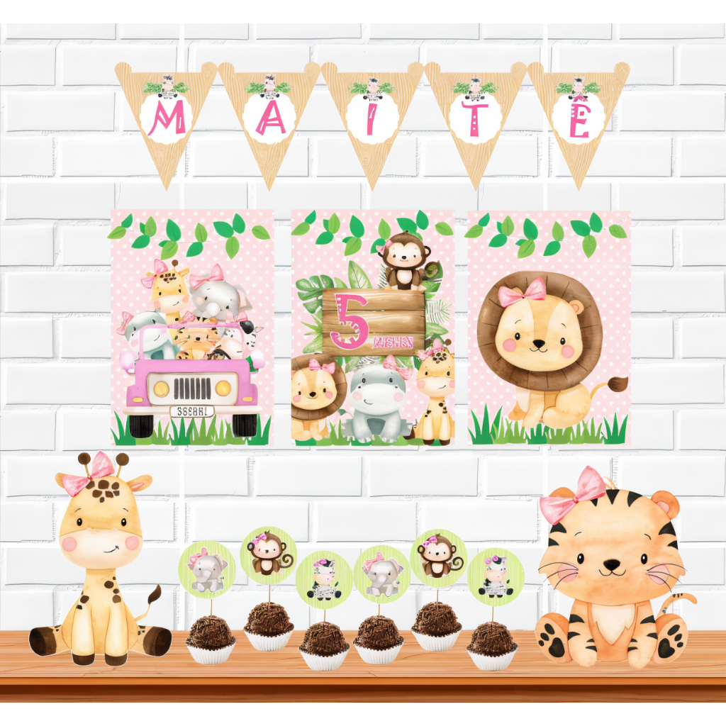 Safari menina rosa, kit festa decoração infantil só um bolinho mimo personalizado para aniversário e mesversário animais
