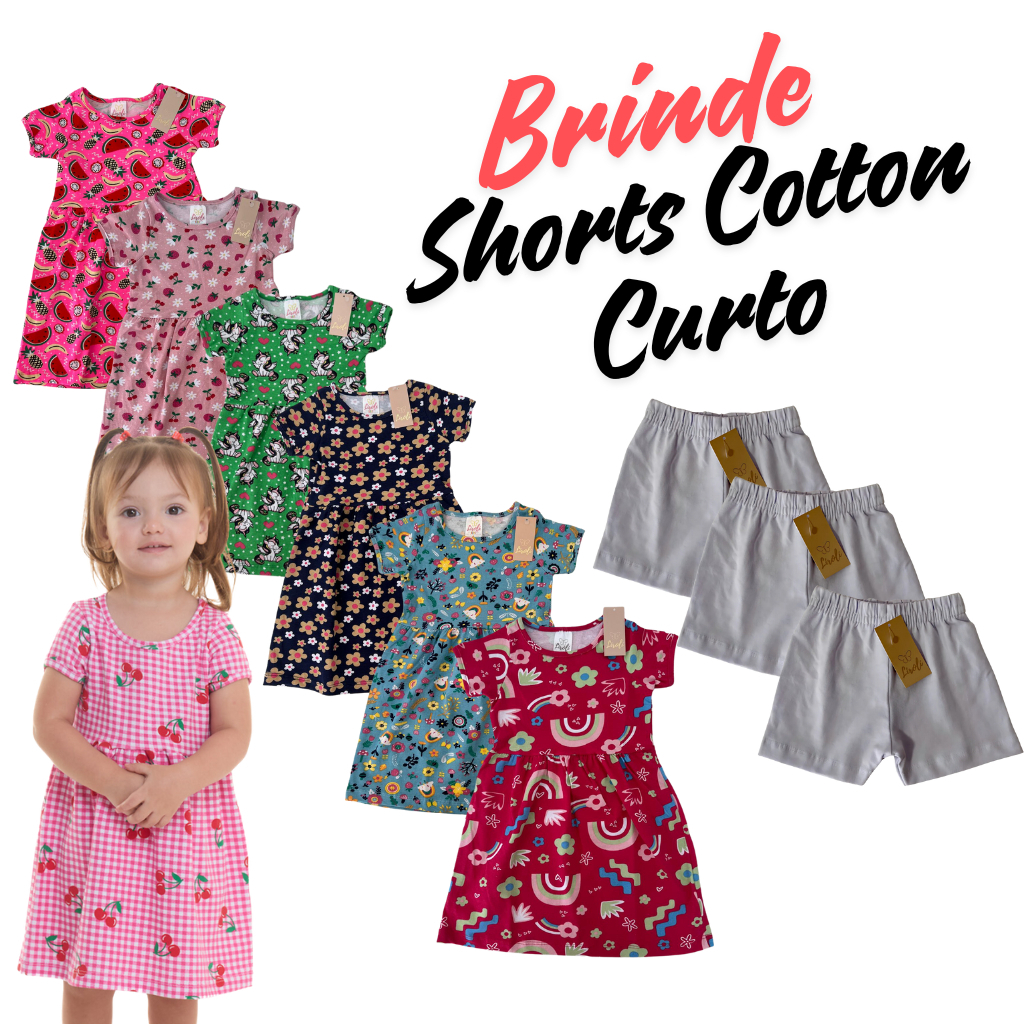 KIT 3 Vestido Cotton Sortido Infantil Feminino Menina Estampadas Tam 2 ao 8 + Brinde Shorts Cotton