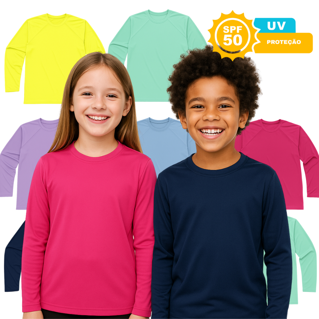 Kit 3 Blusa Praia Piscina Proteção Solar UV 50+ Segunda Pele Menino Menina Infantil Juvenil 1 Ao 16