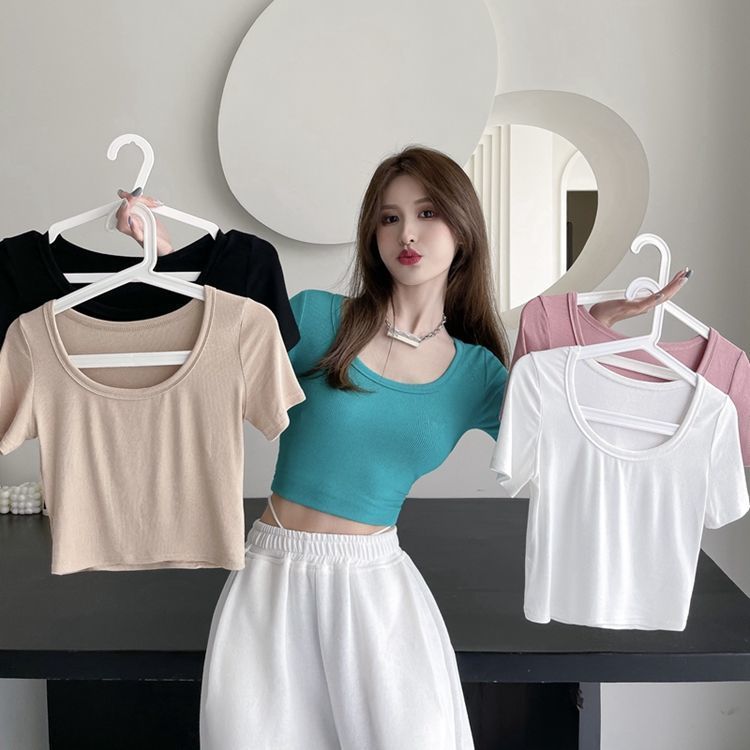 Cropped Feminina Coreano Canelada Manga Curta Gola Redonda Casual Slim Fit