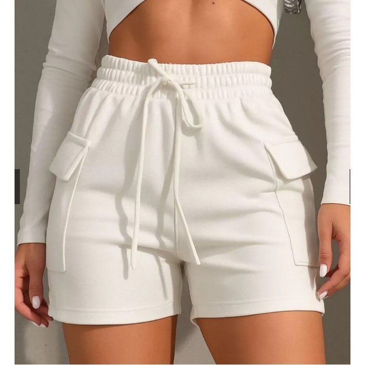 Short Cargo Moletom Moletinho Feminino Cintura Alta Bermuda Feminina Verde Preto Branco Marrom Bege