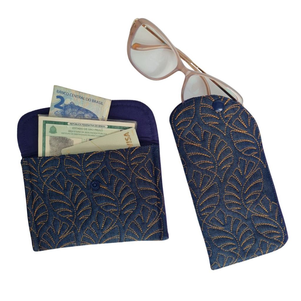 Kit Carteirinha Porta Documentos Jeans com Porta Óculos Presente Lembrancinha Organizador Bolsa