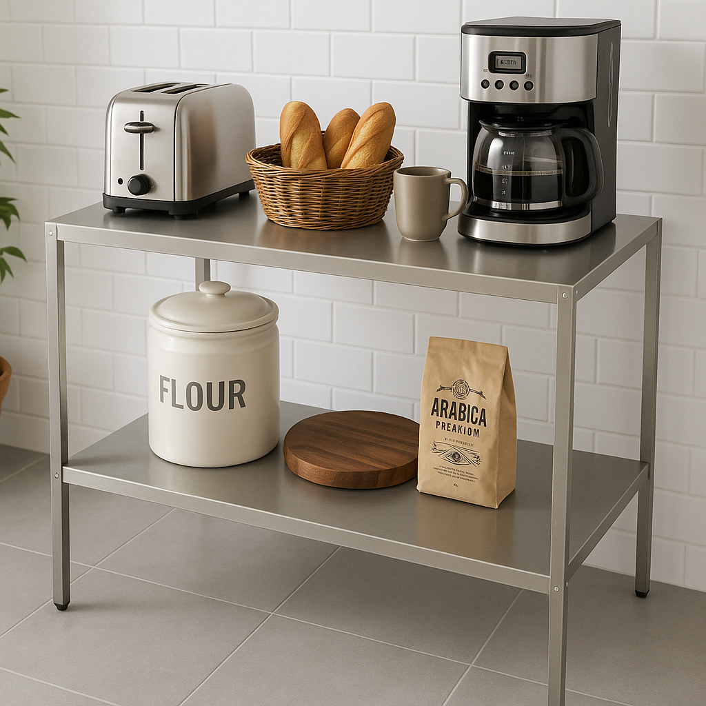 Mesa De Inox Dupla 2 Prateleiras Suporte Reforçada Industrial Cozinha e Escritório 92cm — imagem 2 de 2