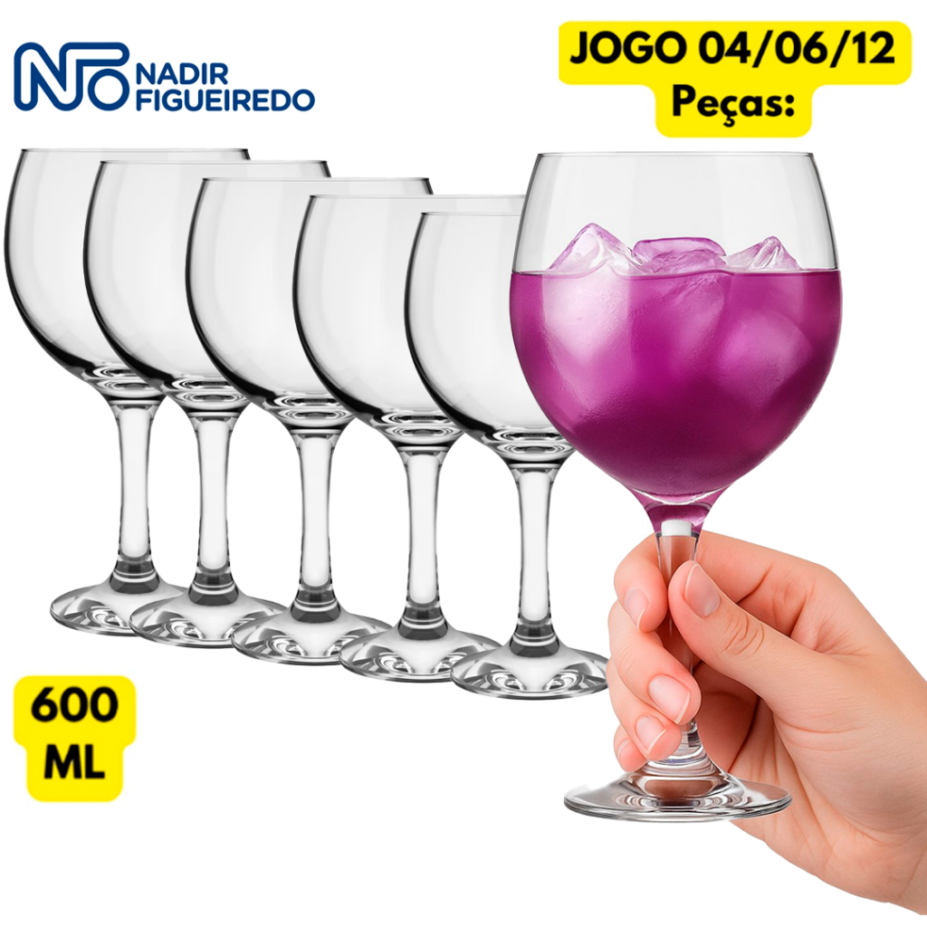 Taça Gin Tônica 600ml grande em vidro transparente Boca larga haste reforçada perfeita para drinks coquetéis e bar