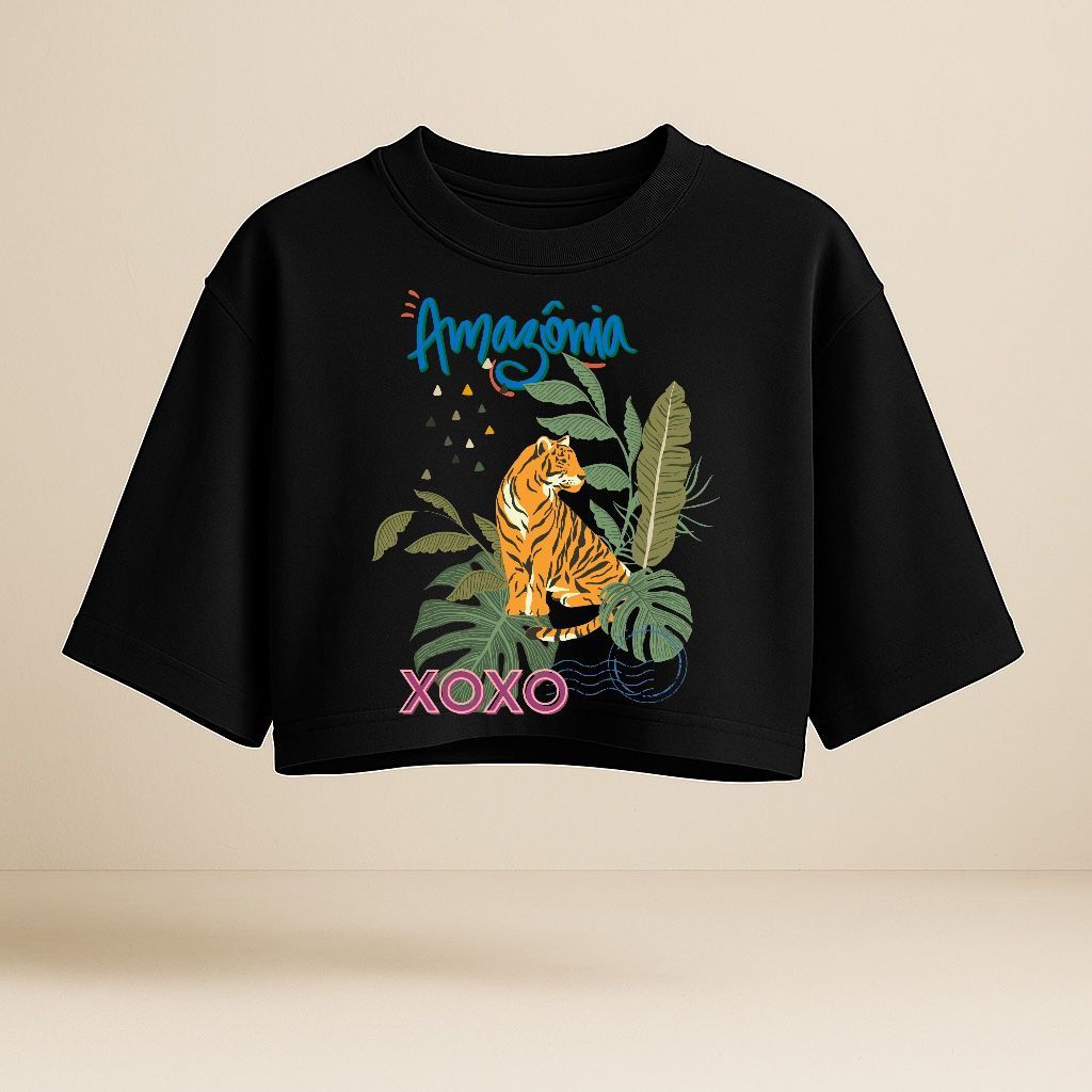 Detalhes do Blusa Cropped Feminino Oversized Estiloso Moda Estampa Verão Preto