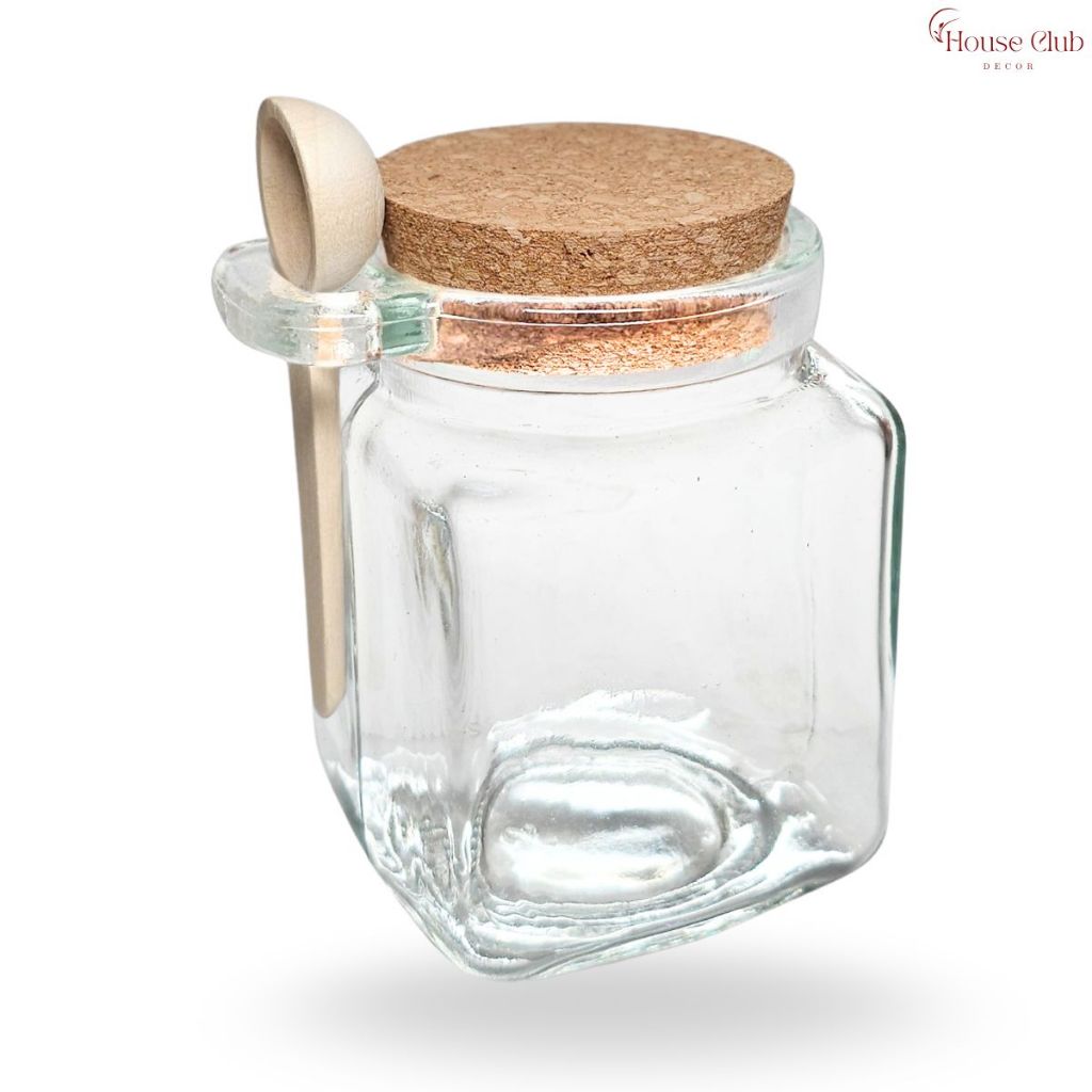 Pote de Vidro Quadrado Transparente 260ml com Tampa de Rolha Cortiça e Mini Colher de Madeira em Oferta na Shopee