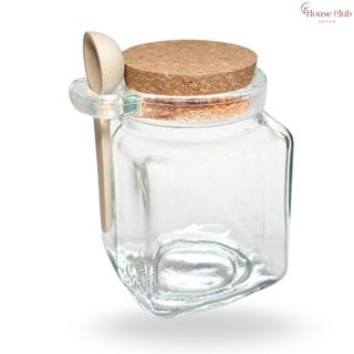 Pote de Vidro Quadrado Transparente 260ml com Tampa de Rolha Cortiça e Mini Colher de Madeira em Oferta na Shopee