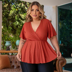 Blusa Roda Plus Size Decotada Soltinha Elegante Manga Sino Fresquinha