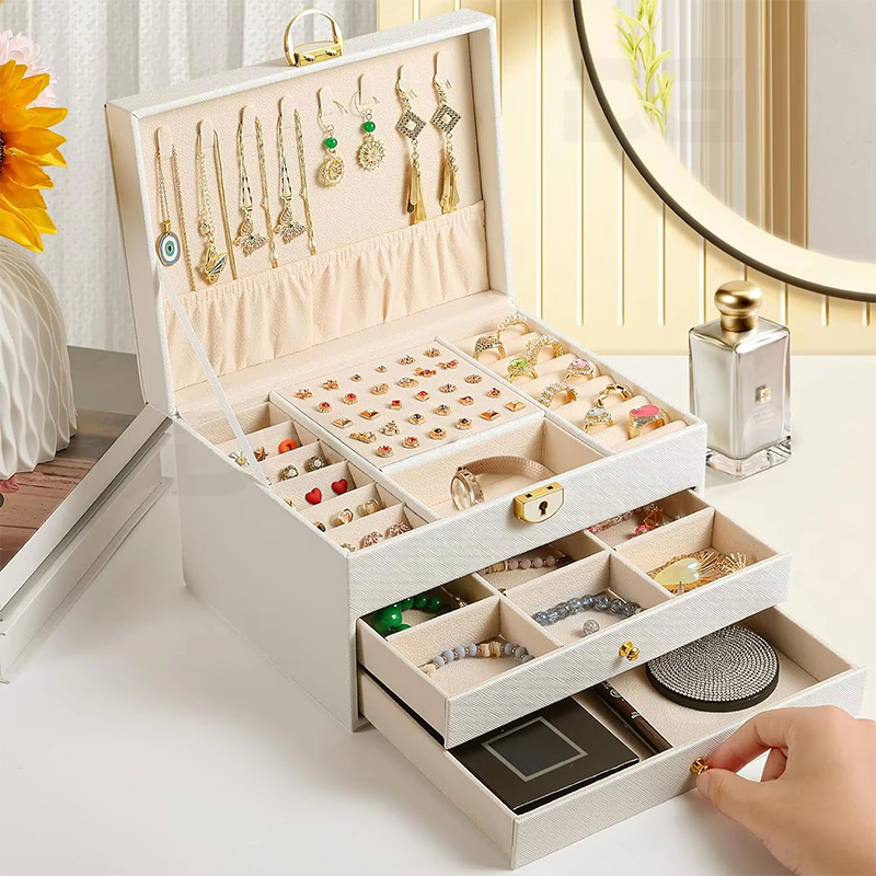 Caixa de Joias de 3 Camadas Com 2 Gavetas couro anel brincos organizar Porta joias couro Q19