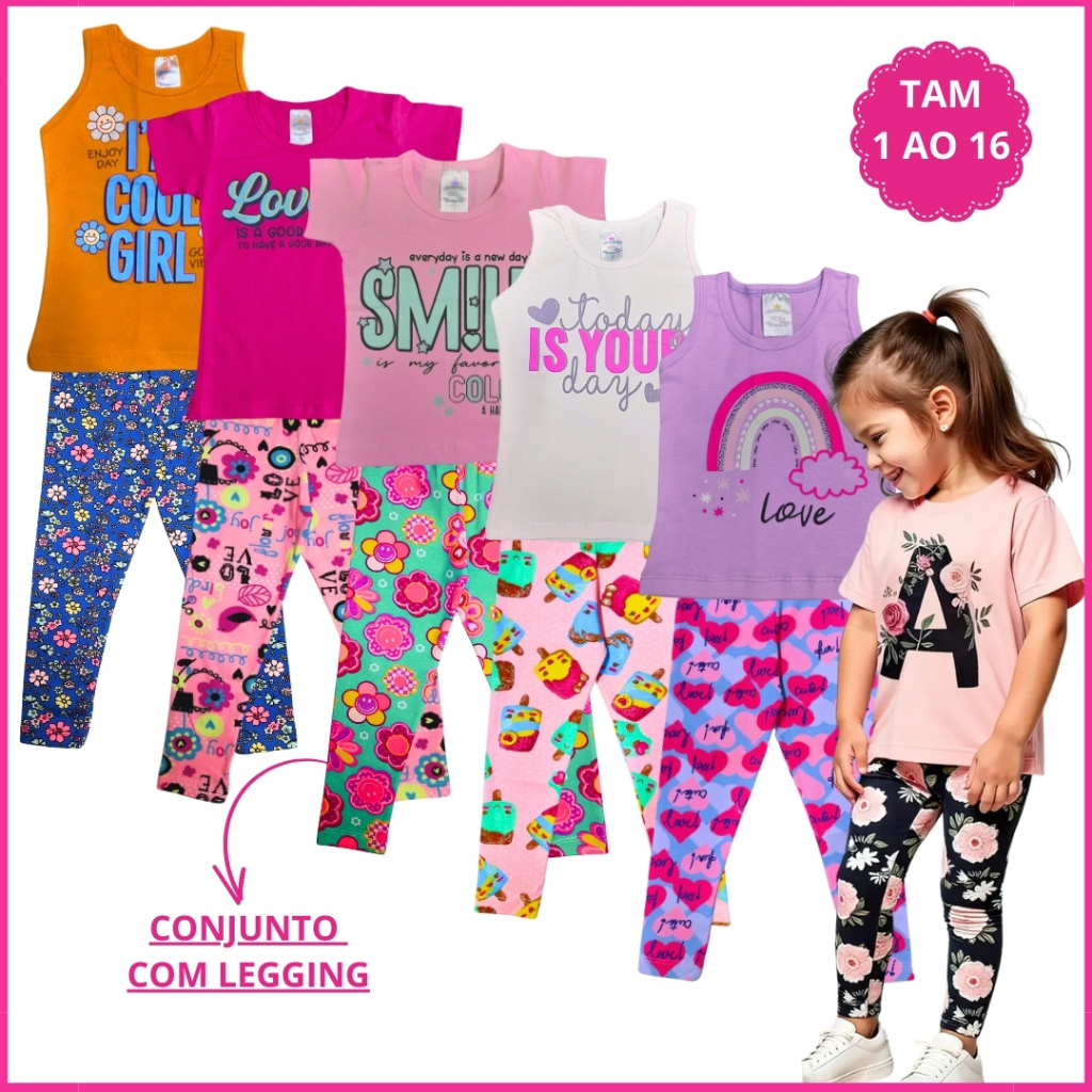 Kit 12 Peças Roupa Menina Verão Conjunto Infantil Feminino 6 Calça Legging e 6 Camiseta 1ao 16