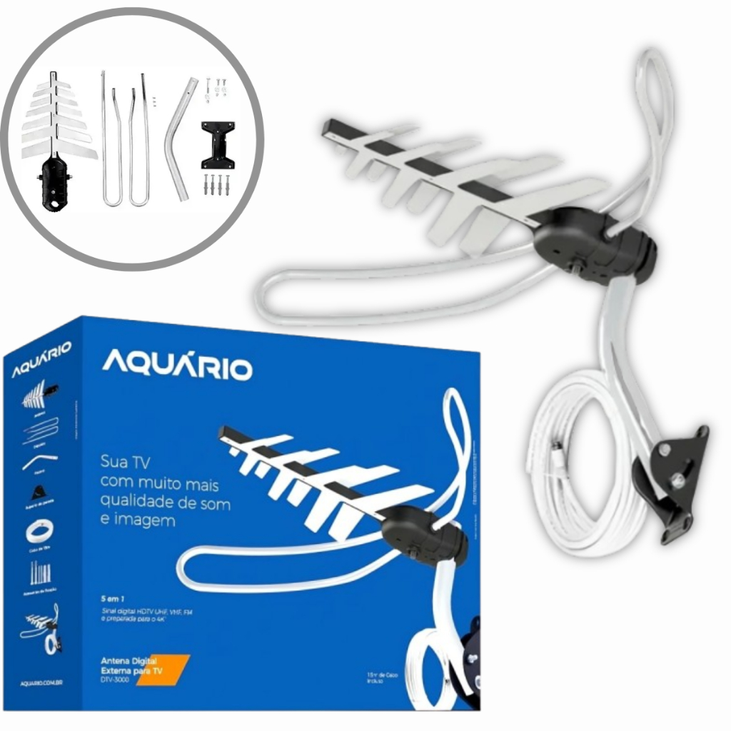 Antena Externa de Tv Digital HDTV 4K / 5 em 1 - AQUÁRIO - DTV-3000
