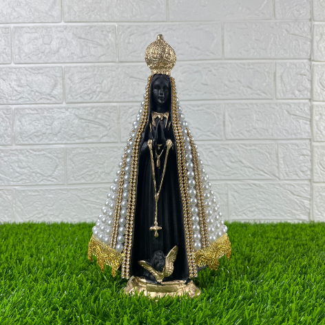 Imagem Nossa Senhora Aparecida 25cm Gesso Manto Branco com Pérolas Dourado Estátua Católica Altar Presente Fé