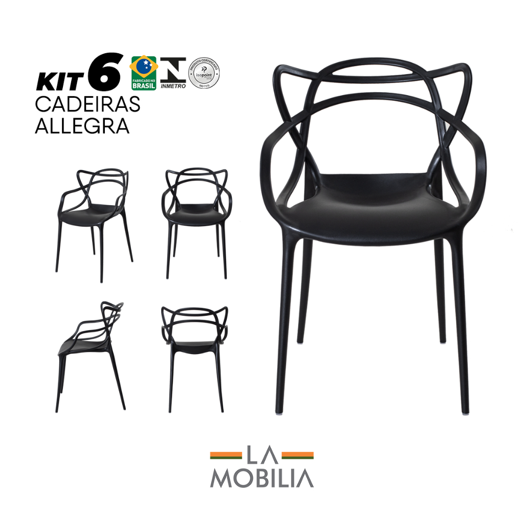 Kit 6 Cadeiras Allegra Preta Polipropileno Empilhável Inmetro Restaurante Eventos Festas La Mobilia em Oferta na Shopee