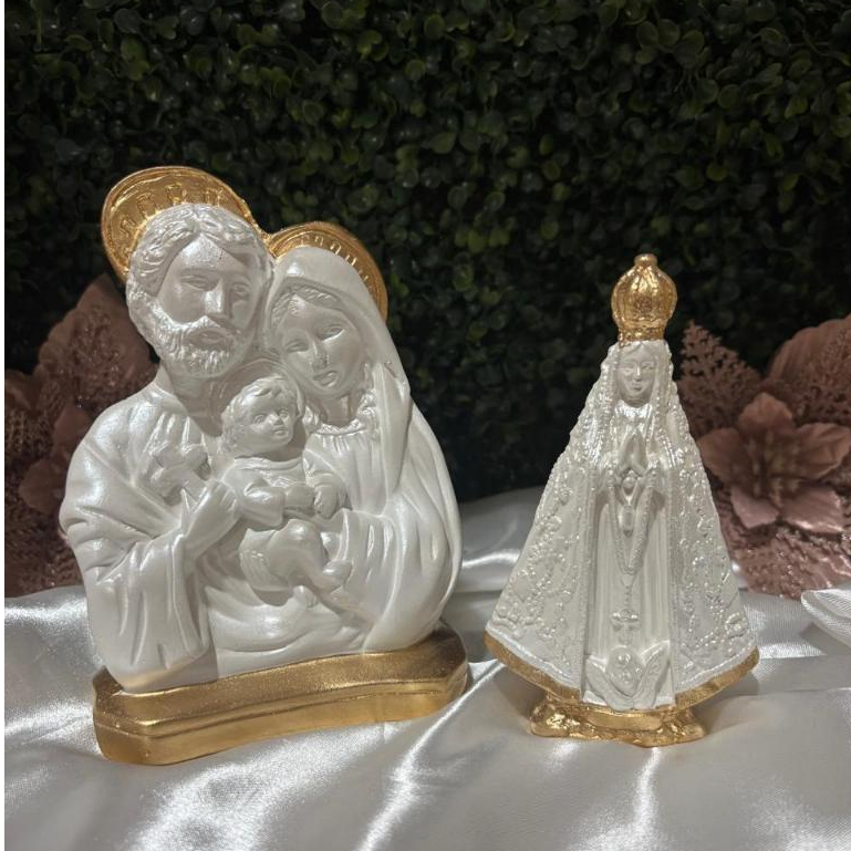 Lembrança Casamento Batizado Nossa Senhora Aparecida 14 cm + Sagrada Família 16 cm Branco Perolado