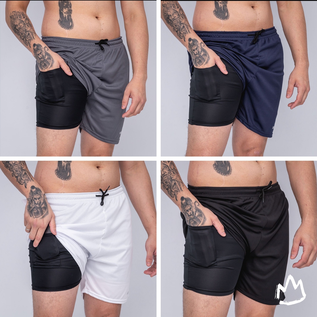 Kit 4 Shorts Dry Para Academia Cor Sortida Bermuda 2 em 1 Forradas com Bolso Extra