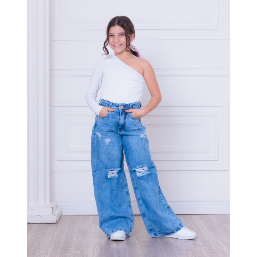 Calça Menina Wide Leg Jeans com detalhes destroyed Tam 10 ao 16