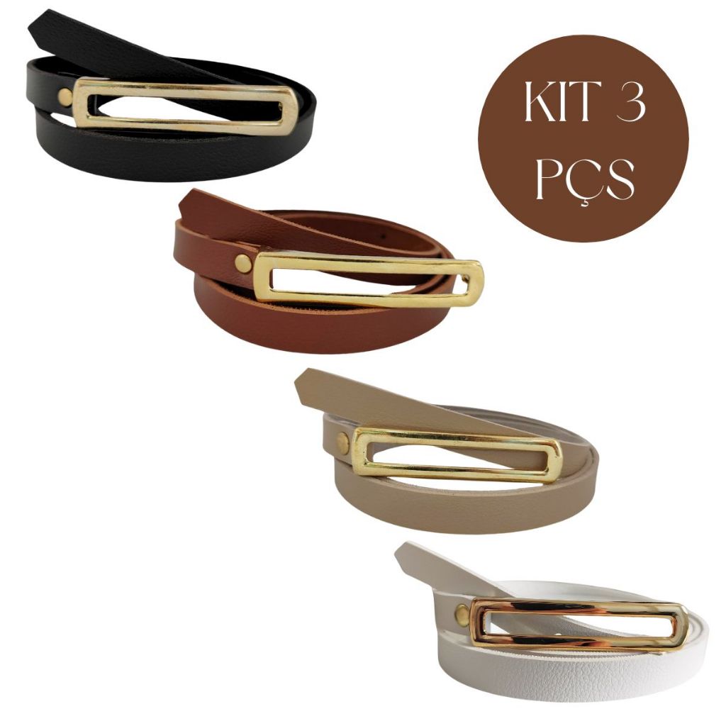 Kit 3 Cintos Feminino Fivela Alongada Dourado em Oferta na Shopee
