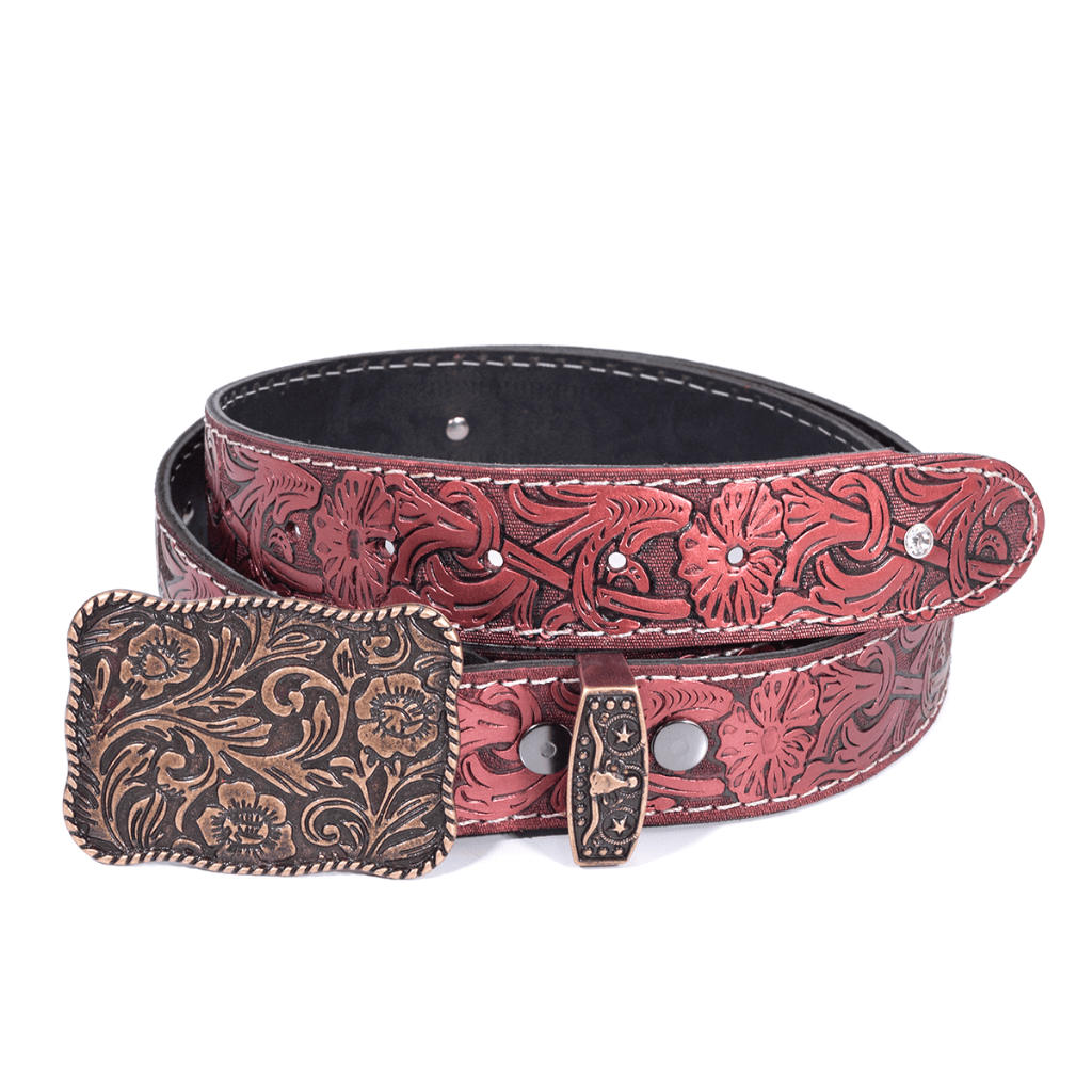 Cinto Country Feminino Entalhado Metalizado Prateado Floral Em Couro Com Strass