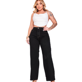 CALÇA WID LEG PRETA JEANS PREMIUM 100% ALGODÃO SEM LAYCRA COS ALTO LEVANTA BUMBUM CALÇA DE SHOPPING BOCA LARGA PANTALONA em Oferta na Shopee
